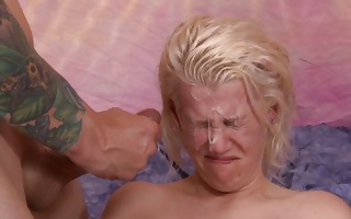 Blonde teen flashing her boobs and gets jizz covered
