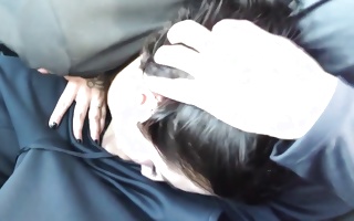 Brunette whore in the car swallowing a huge fat dick